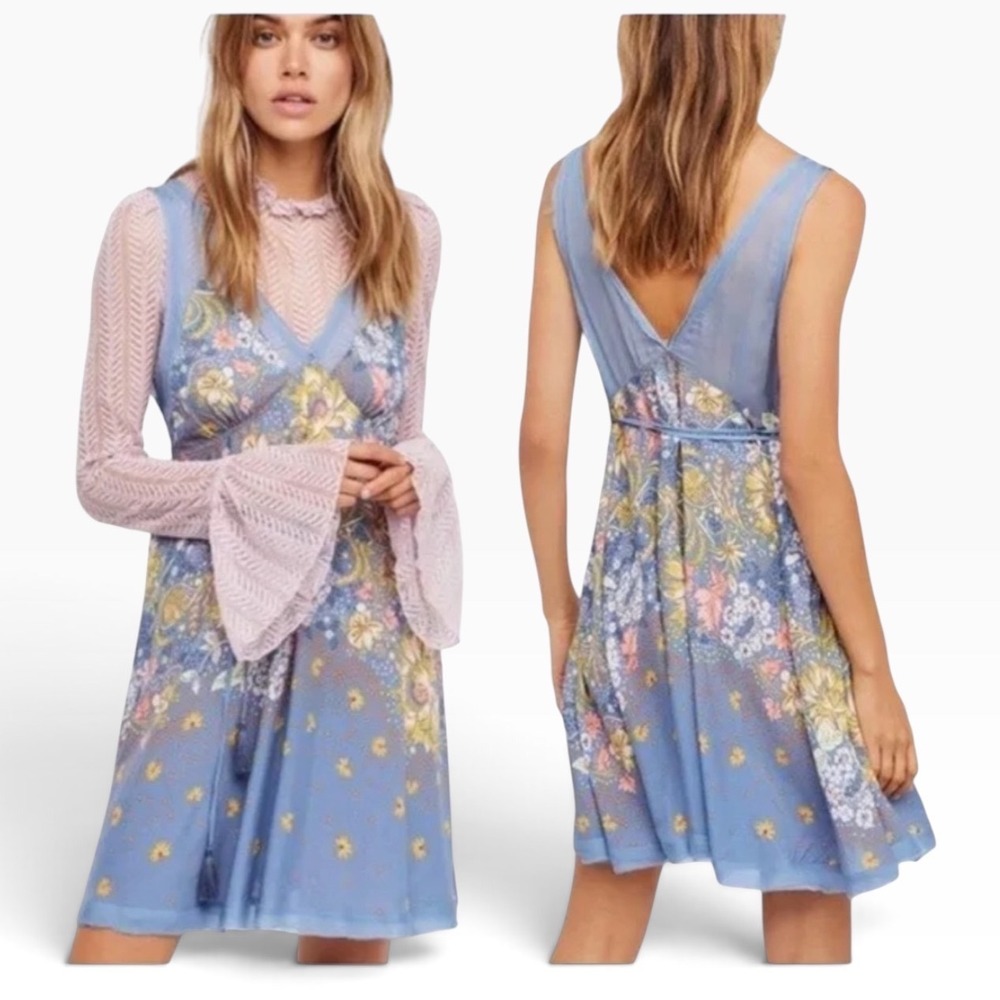 Intimately Free People Blue Floral V-Neck Slip Dress Boho Mini XS